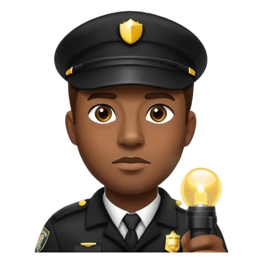 A vigilant male security guard wearing a black uniform, a cap with ‘SECURITY’ embroidered on it, and a black jacket. He holds a flashlight  shining its beam forward sticker