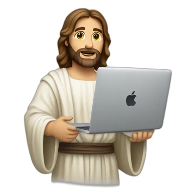 Jesus Christ wearing a cohort holding a macbook sticker