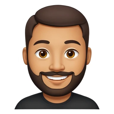 Heavier-set producer with light brown skin, pear-shaped face, full cheeks, big cheerful smile, warm inviting eyes, thick eyebrows, wide nose, short well-groomed beard, very short dark hair, wearing a black shirt sticker