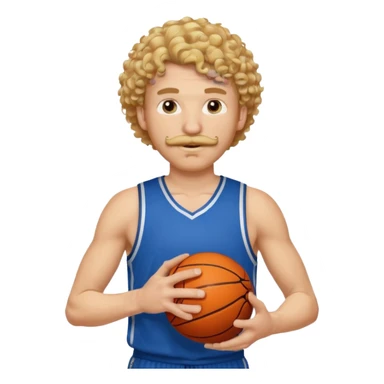 white blonde curly hair man basketball player blue jersey with mustache holding basket ball sticker