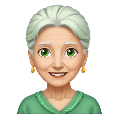 abuela con ojos verdes, pelo blanco, pelo blanco y amarrado, aspecto feliz, pelo blanco, no verde, solo verde los ojos sticker