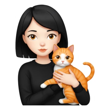 A beautiful girl with short black hair in a black sweater holds a orange cat in her arms sticker