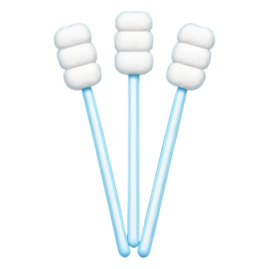 cotton swabs with clean white cotton tips on each end of a slim stick, stick white pastel or light blue, cotton tips soft fluffy slightly rounded, arranged in slight cross or parallel, clean minimal 3D look, soft lighting, no extra elements, no faces, emoji scale sticker