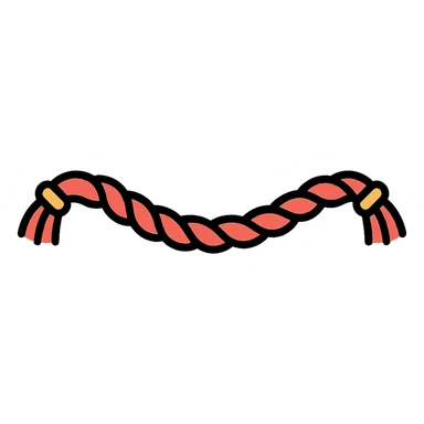 horizontal wide divider: wavy twisted red cord with tassels on edges, thin clean outlines, soft rounded shapes, pastel palette with red accent, detailed shadows and highlights, soft lighting, transparent background, modern Japanese pop art and sticker aesthetic, length about 8 emoji slots sticker