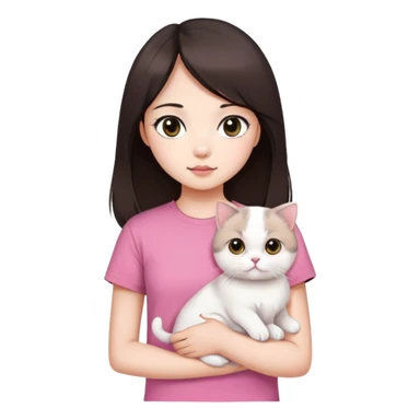 This Chinese girl's got fair skin and big black eyes. She's got long dark brown hair and she's wearing a pink t-shirt. She's holding a white Scottish Fold cat. sticker