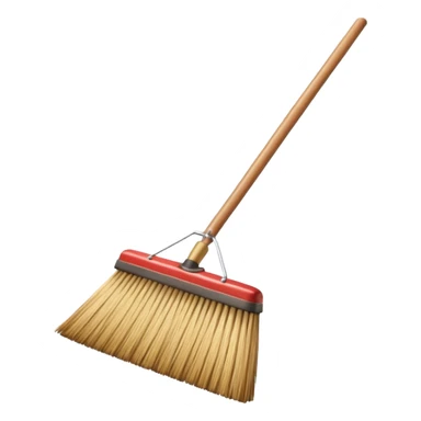 traditional broom with wooden handle cleaning dust from a carpet, straw bristles sweeping visible dust particles, vintage household cleaning tool, simple retro style, 3D cartoon, mobile game icon style, centered composition, clean background, no people, no animals, no text, no watermark sticker