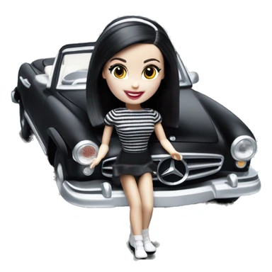 Beach Beauty Barbie, 1965 Wednesday Addams from academy, in dark-gray and black striped outfit with hat. Smiling Driving Mercedes convertible sports car. Pale-white porcelain skin.  sticker