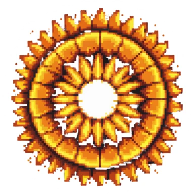 Bomberman explosion center tile, bright fiery explosion core with yellows and oranges radiating from center, circular explosion pattern, clean pixel art edges, slight transparency at edges sticker