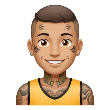 man with small face tattoos, cheerful expression, wearing a jersey sticker