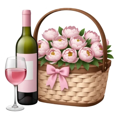 White Picnic basket with light pink bow and white peonies inside and a pink wine bottle sticker
