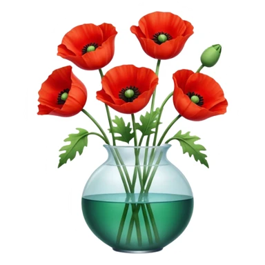 three big realistic poppy flowers in a clear vase with clear water sticker
