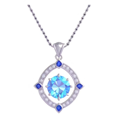 Y2K style silver pendant with a round cut white diamond featuring a holographic effect, small blue sapphire accent, iridescent and pastel details, playful shapes sticker