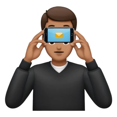 a guy holding 1 smartphone with both hands, smarphone should be horizontal, on top of his forehead sticker
