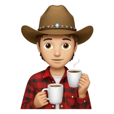 generate an ios genmoji of a 20 year old tan boy with a cowboy hat and side burns. Wearing a flannel and carrying a coffee mug sticker
