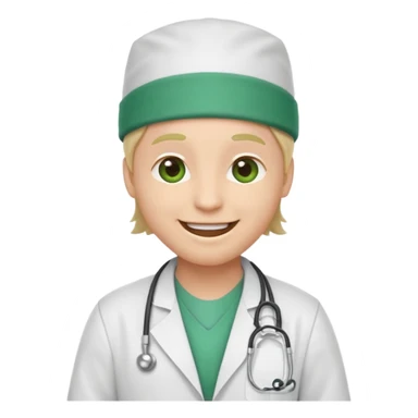 iPhone emoji style big smiling face, over-the-top grin, dressed as a doctor with a white lab coat and green surgical cap sticker