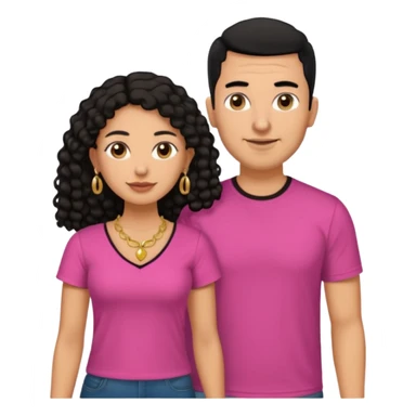 A picture if a couple. the man is a Mexican man with tanned skin, black hair, a bald hair cut, short boxed beard, and with a black t-shirt on. the woman is mixed with black and white, with brown curly long hair, gold earrings, a gold necklace and a pink shirt on and big boobs sticker