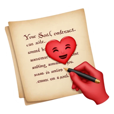 Minimalist emoji-style sticker of a pale hand signing a parchment contract titled “YOUR SOUL” in gothic font, muted red ink, grayscale background sticker