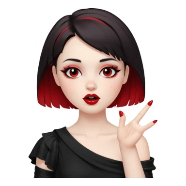 A girl with goth makeup and short hair( dark brown and bottom of hair red) winking and blowing kiss while raising one shoulder.  sticker