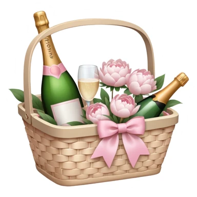 White Picnic basket with light pink bow and white peonies and one pink champage bottle inside sticker