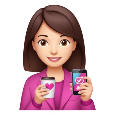 Social media manager. She has dark brown hair, brown eyes, a friendly smile. She is holding a smartphone and a coffee cup. Include subtle marketing elements like small icons of hashtags or a speech bubble, instagram logo. Use vibrant colors with a focus on pink and fuchsia tones. sticker