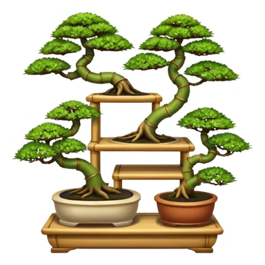 Twisted bamboo floor shelf unit displaying bonsai plants(in shallow bonsai pots) cluttered because they have too many  sticker