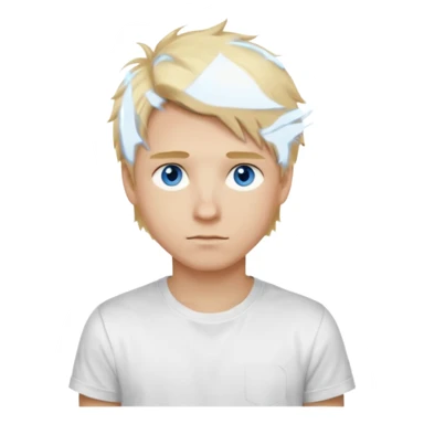 create boy blonde hair long messy, light eyes, white t shirt, rich, long hair, eyes blue, acessory rolex or cartier sticker