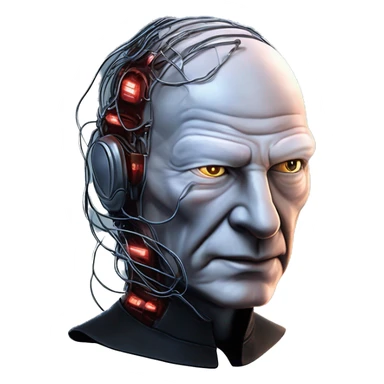 Jean luc picard from Star Trek assimilated by the Borg, with mechanical metal covering the left side of his face, with wires and a red light on the left side. His eyes are blue sticker