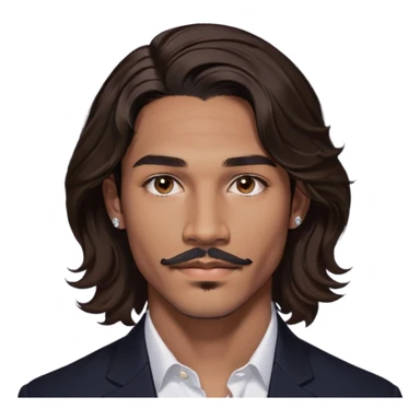 Young man with medium brown skin, mixed-race ethnicity, long wavy dark brown hair with an extremely precise center part exactly aligned with the middle of the face, hair parted perfectly symmetrically on both sides, mustache separated from goatee, medium brown eyes, small diamond stud earrings, floating head only with absolutely no shoulders or neck visible sticker