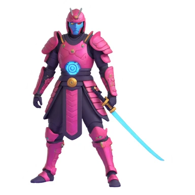 cyborg male samurai in neon cyberpunk environment with holographic armor sticker