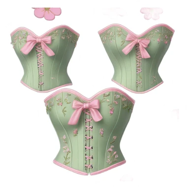 Sage green corset with flower embroidery and pink bows, isolated sticker