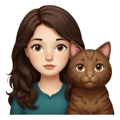 Uzun koyu kahverengi dalgalı saçlı, çenesinde beni olan ve yüzünde biraz çiller olan, iri koyu kahverengi bol kirpikli gözlü sevimli bir yüzü katlı kesim bir saçı olan kadın yap yanına da kilolu tamamen kahverengi bir kedi yap sticker