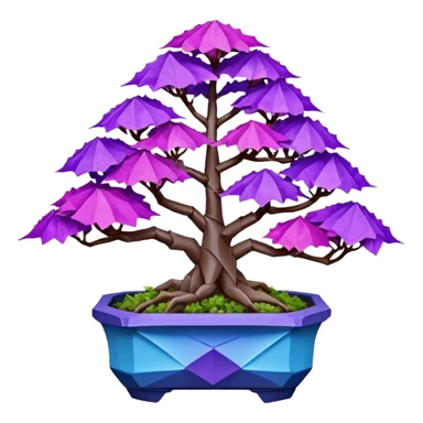 Futuristic alien maples Bonsai hair-fine-leaf group crimson crystal azalea purple and cream blue forest planting in shallow origami style pot  sticker