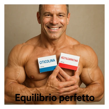 hyper realistic bodybuilder holding citicoline and acetylcarnitine near heart, well visible muscles, text 'Equilibrio perfetto', positive atmosphere, realistic details sticker