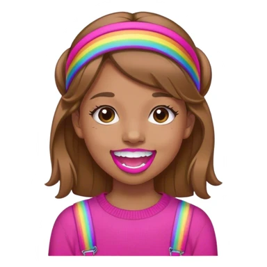 A girl with light brown hair. She is wearing a hot pink headband and has braces on her teeth. She is wearing a hot pink sweater with a rainbow on it. sticker