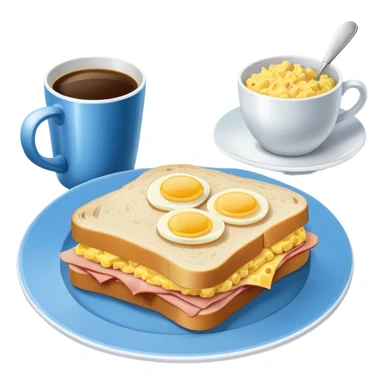 a blue breakfast plate, a sandwich with ham and scrambled eggs and a cup of white coffee sticker