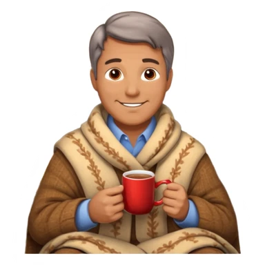 Cozy handsome middle aged man sitting next to a nice fireplace with a hot apple cider, blanket, and plate of chocolate cookies. sticker