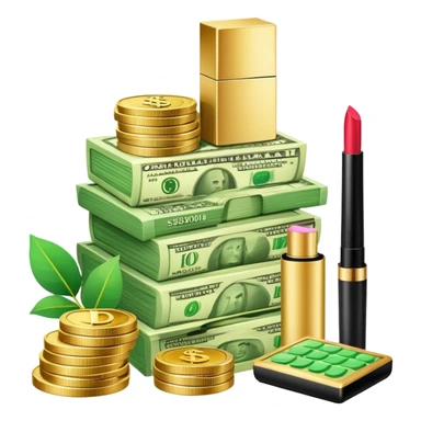 gold scale with a stack of green dollar bills and coins on one side and beauty products including lipstick, perfume, and makeup on the other sticker