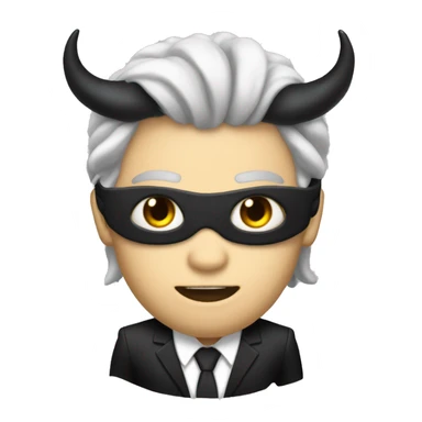 It's a male. It has white skin. It has black demon horns. It has black hair and long hair. It has a blindfold on eyes. It has sharp teeth. It is dressed in a black suit with a black tie. It is Devil. sticker