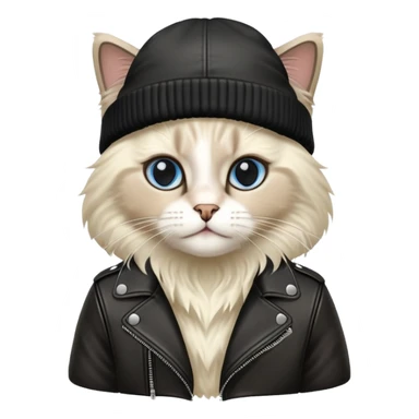 A ragdoll cat wearing a leather jacket and a beanie sticker