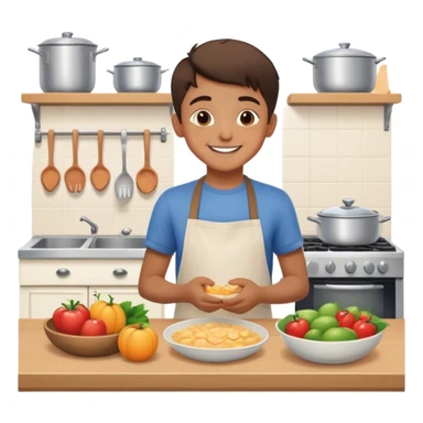 smiling boy in kitchen with food sticker