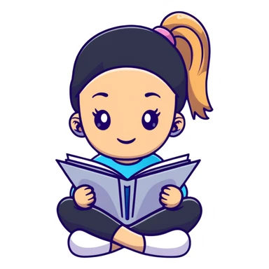Cute girl with ponytail reading from an open notebook sticker