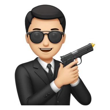 Quiero un emoji con lentes negros con una pistola automática en la mano riéndose y pasandose la pistola por la cara sticker