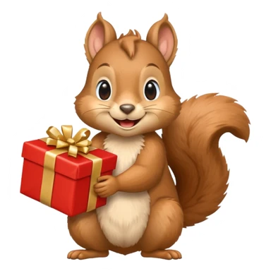 squirrel with a big smile, holding a gift and a Swiss flag sticker