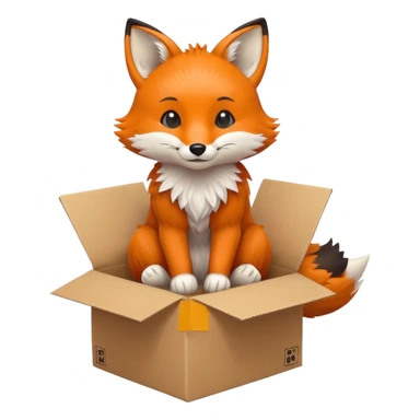 cute fox sitting in a cardboard box, playful expression, kids toy aesthetic sticker