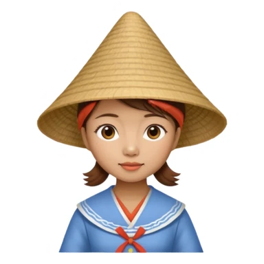 tiny Vietnamese woman with brown hair, wearing a conical hat sticker