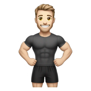 Joyful Celebrating victory Pale skinned Fit Man With the biceps and dark brown hair in black shirt, gray sports shorts and white Sneakers sticker