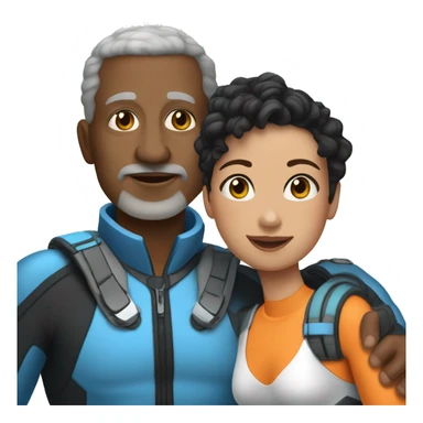 40 year old woman with light brown skin and short curly black hair, holding the hand of a 50 year old white man with short gray hair, both people dressed in snorkel gear sticker
