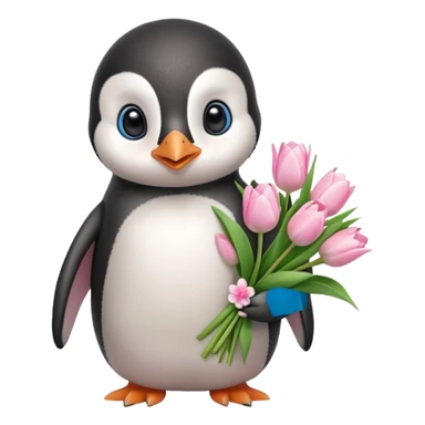 Cute baby penguin holding flower bouquet wraped in white paper and all flowers tulips in pink colour sticker