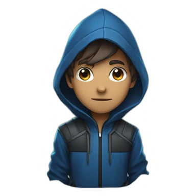 Boy brown developer left side behind his laptop with this style: Valorant Riot Game blue character blue black hooded hacker  sticker