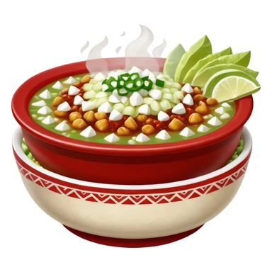 A delicious hot bowl of pozole rojo emoji. Steam rising. Hominy visible. Place the sides next to the bowl: chopped onions, shredded cabbage, lime wedges, red chile de arbol salsa, and full round tostadas with a light smear of sour cream sticker